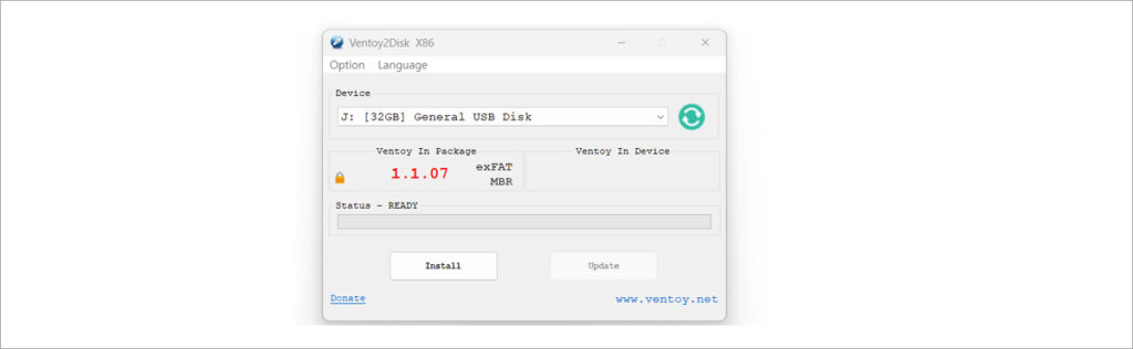 alt="Ventoy USB 설치 과정 디스크 선택 후 Install 진행 화면"