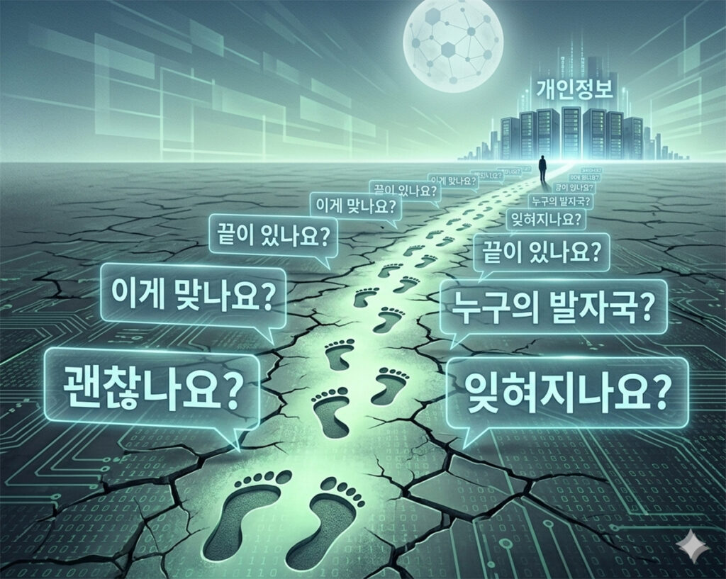 과거 포털 사이트 질문 내역이 현재의 발목을 잡는 디지털 발자국의 위험성을 묘사한 이미지
